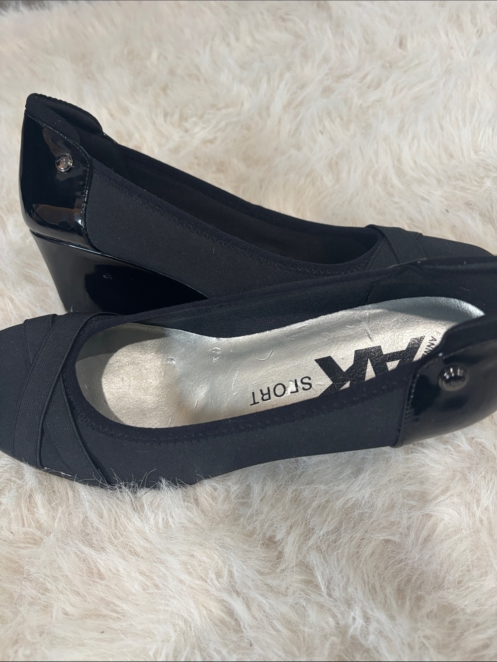 Anne Klein Sport Black Fabric & Patent Wedge Pumps